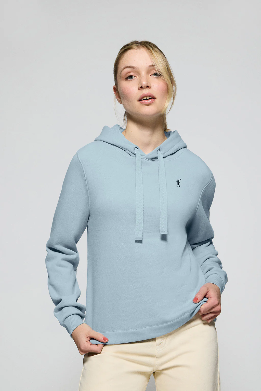 Light-blue hoodie with Rigby Go embroidered logo