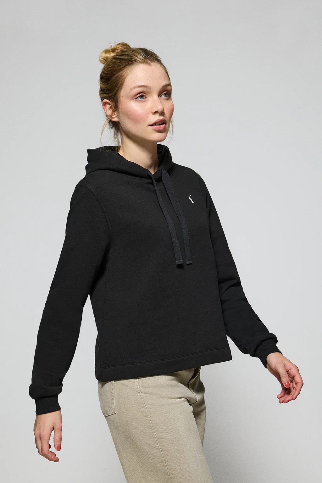 Black hoodie with Rigby Go embroidered logo