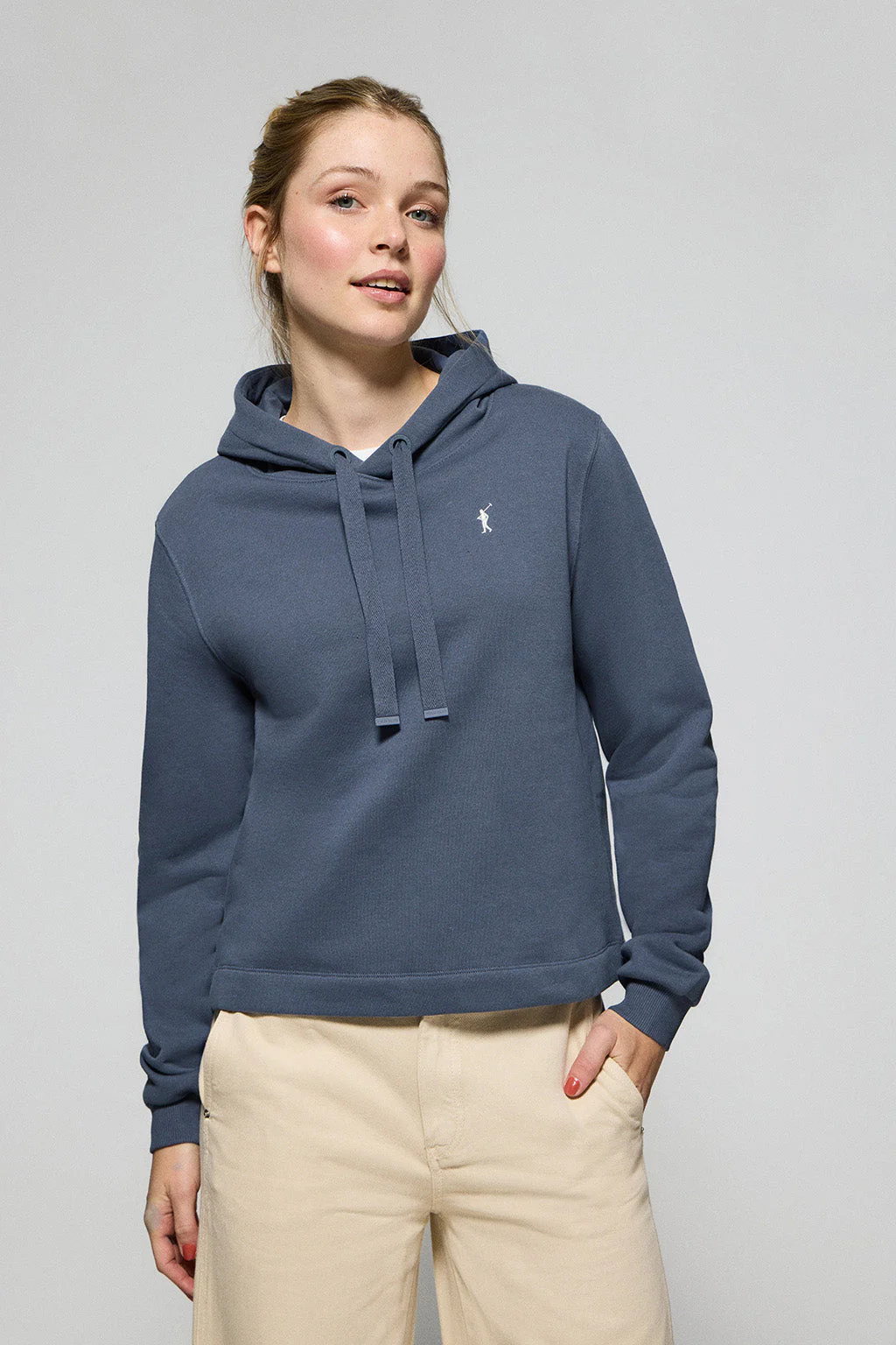 Denim-blue hoodie with Rigby Go embroidered logo