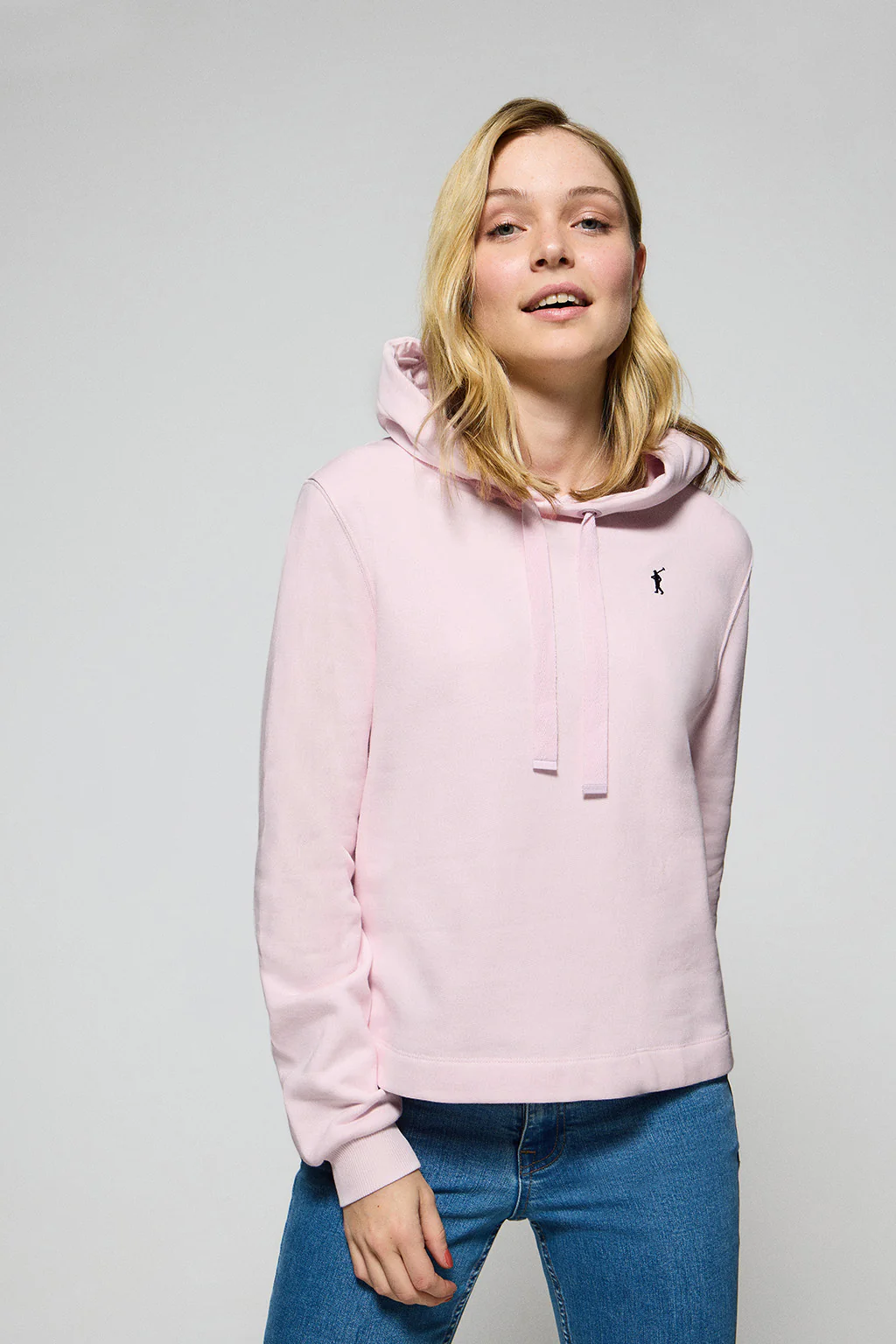 Light-pink hoodie with Rigby Go embroidered logo