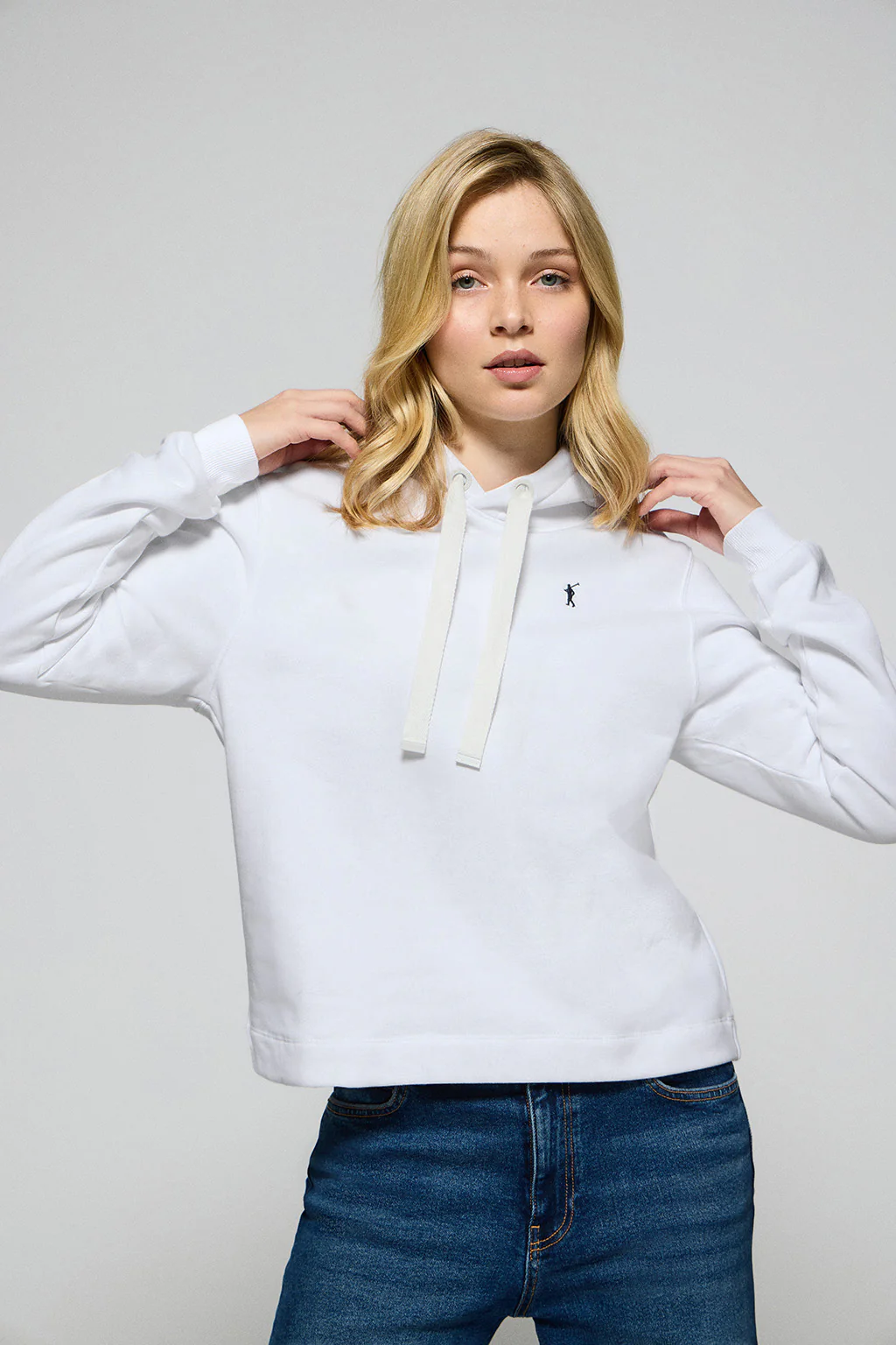 White hoodie with Rigby Go embroidered logo