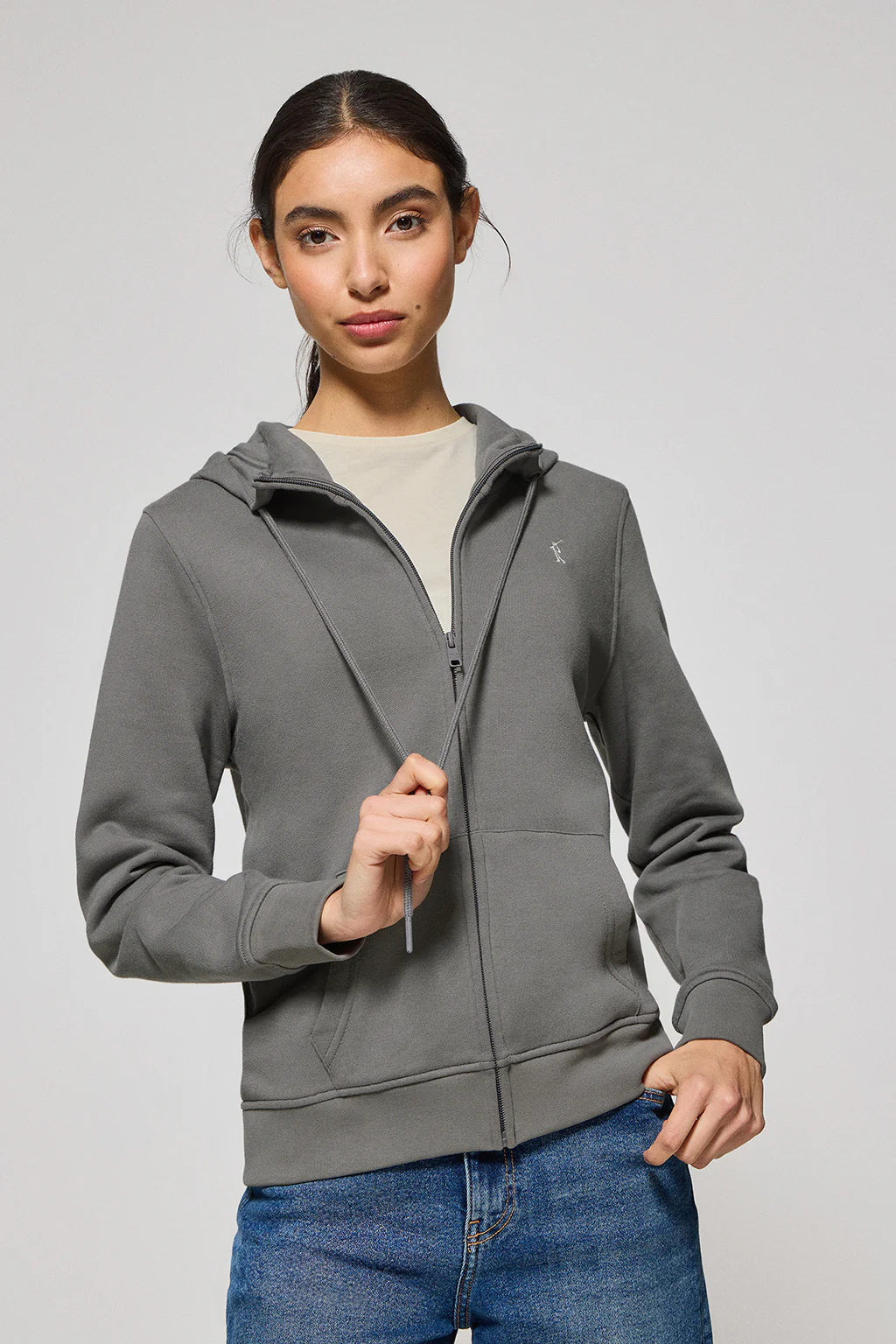 Asphalt-grey hoodie with zip and Rigby Go embroidery