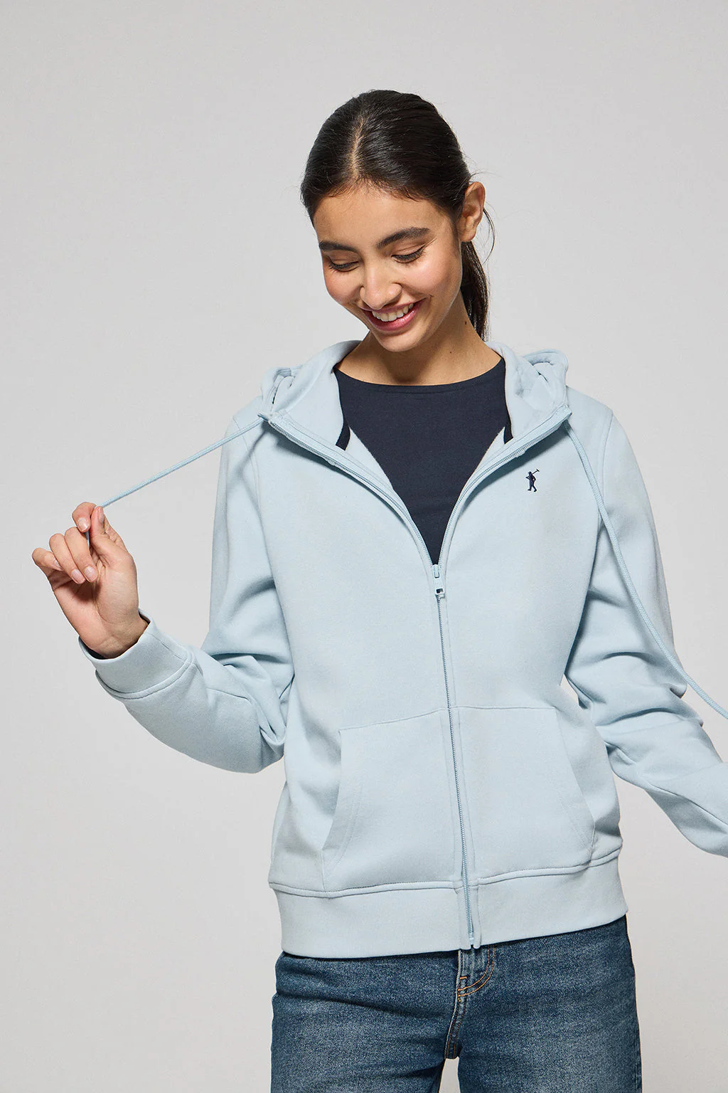 Light-blue hoodie with zip and Rigby Go embroidery