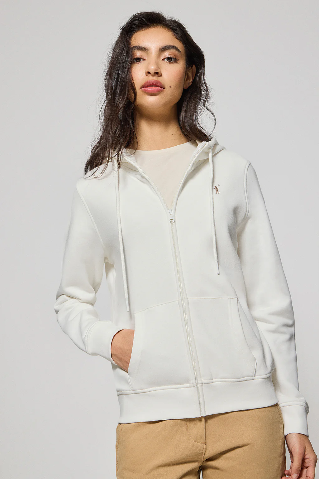 Beige hoodie with zip and Rigby Go embroidery