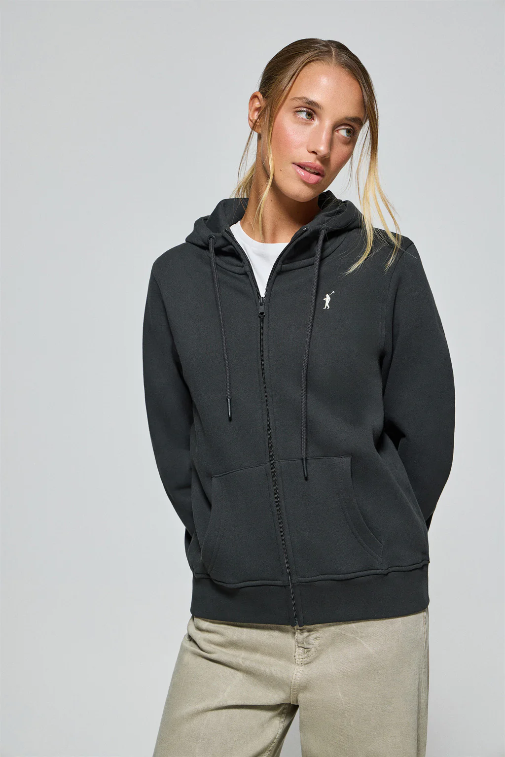 Black hoodie with zip and Rigby Go embroidery