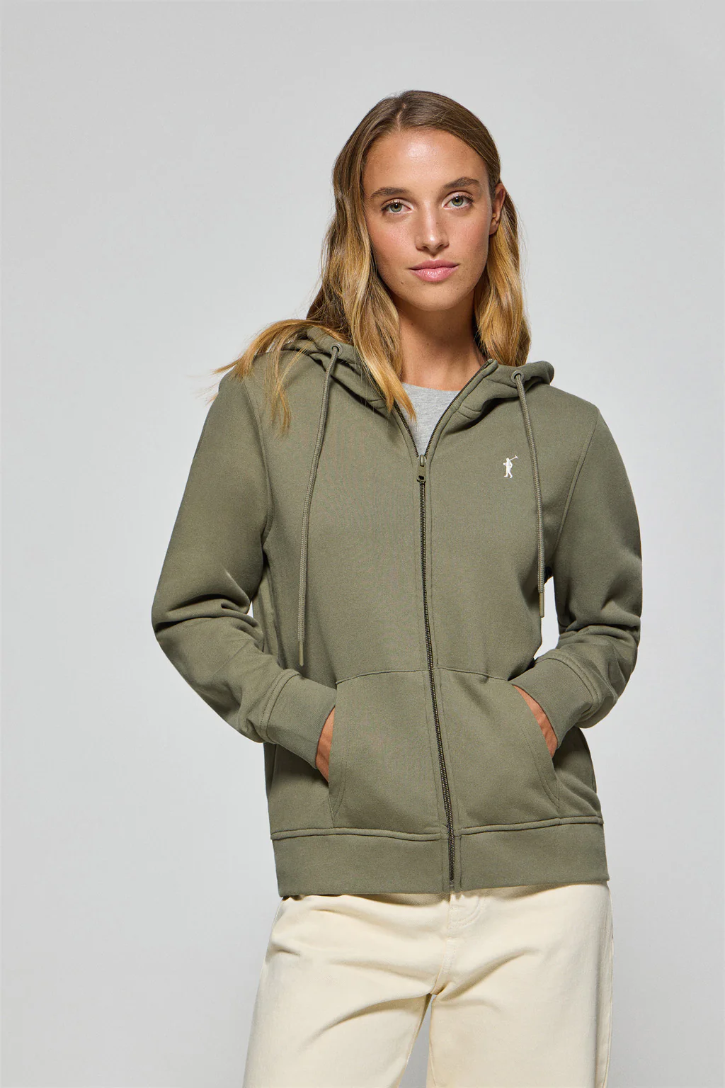 Army-green hoodie with zip and Rigby Go embroidery