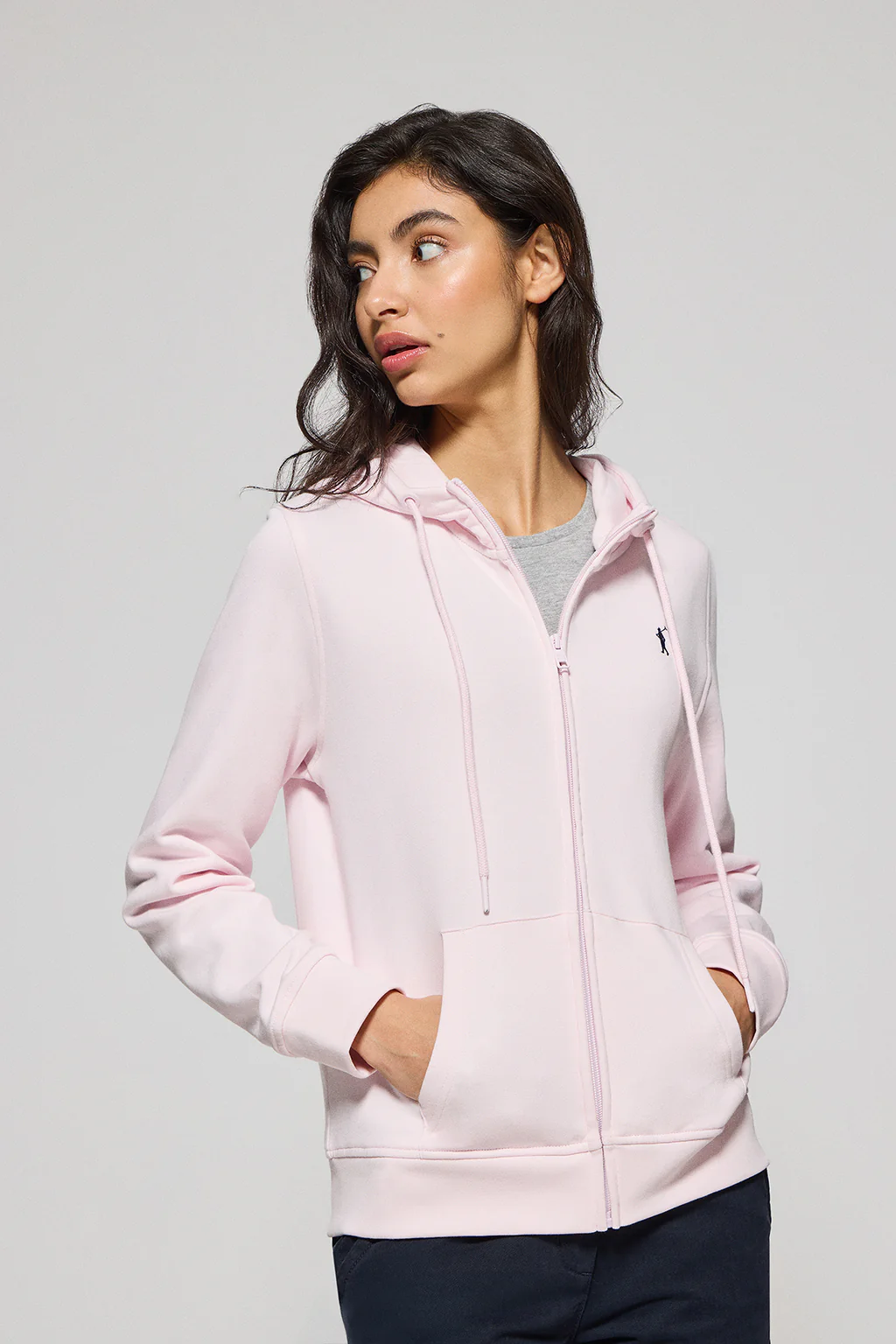 Pink hoodie with zip and Rigby Go embroidery