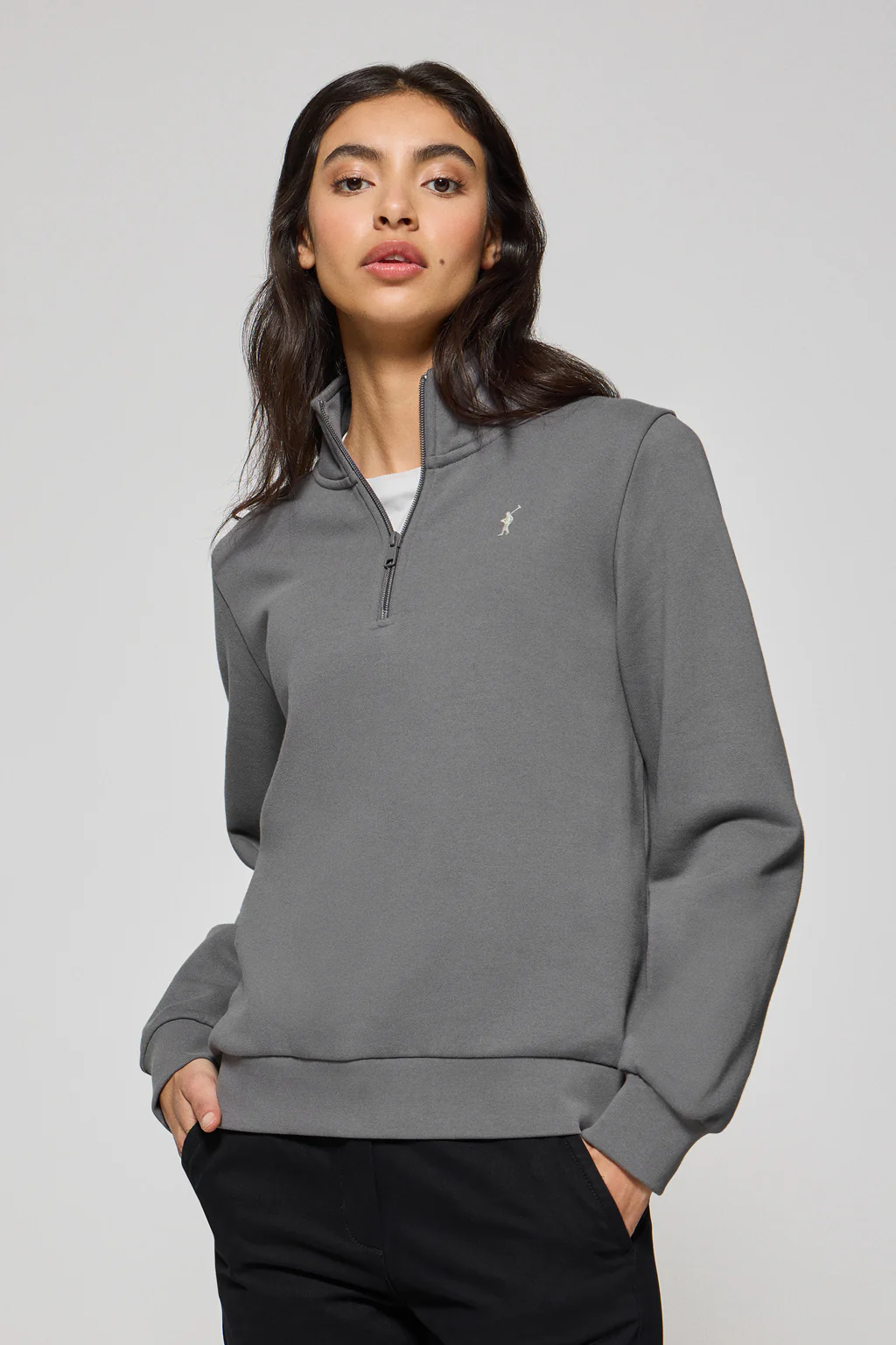 Asphalt-grey half-zip sweatshirt with Rigby Go logo