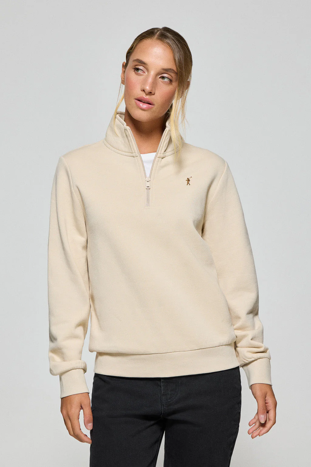 Beige half-zip sweatshirt with Rigby Go logo