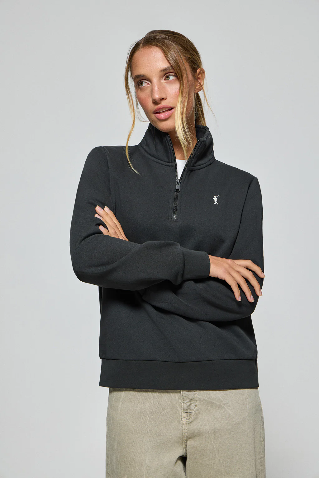 Black half-zip sweatshirt with Rigby Go logo