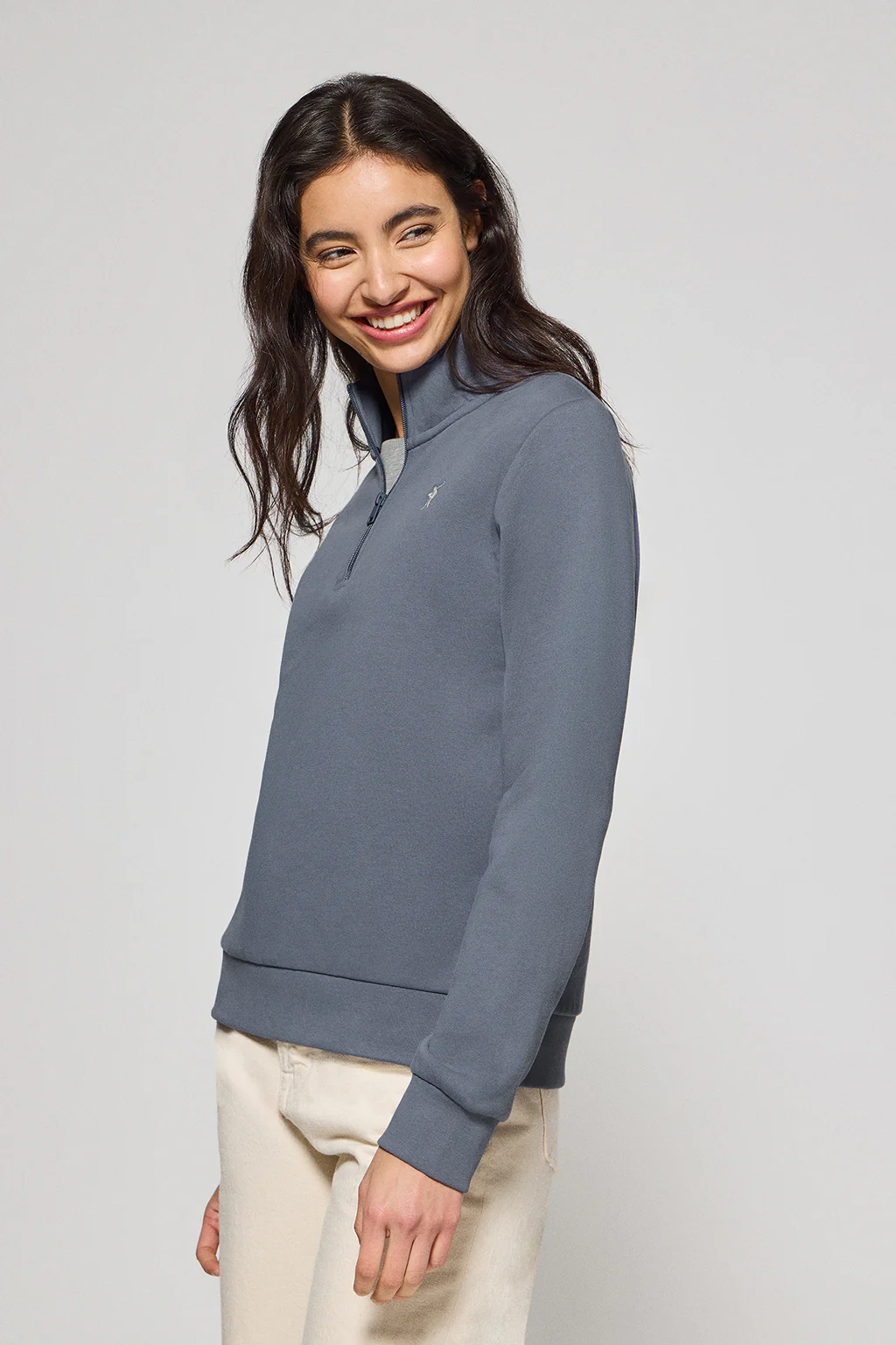 Denim-blue half-zip sweatshirt with Rigby Go logo