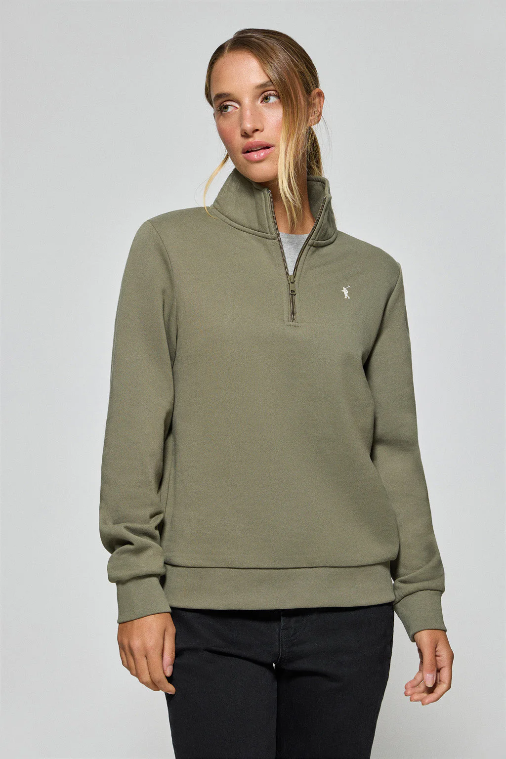 Green half-zip sweatshirt with Rigby Go logo