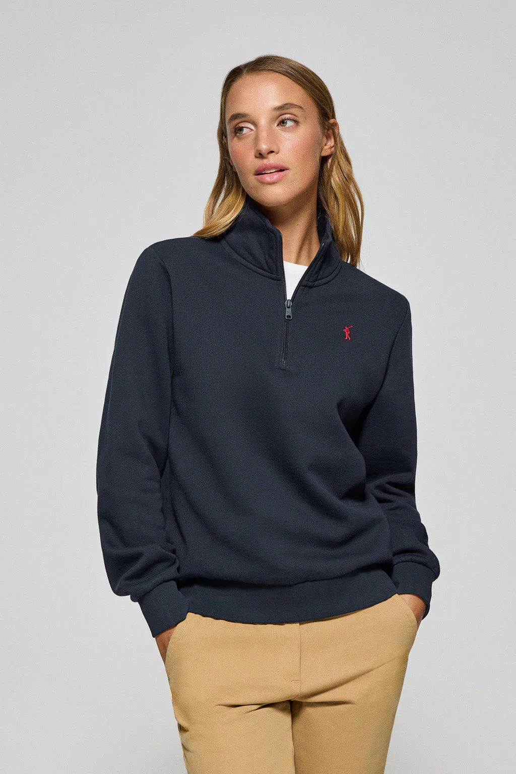 Navy-blue half-zip sweatshirt with Rigby Go logo
