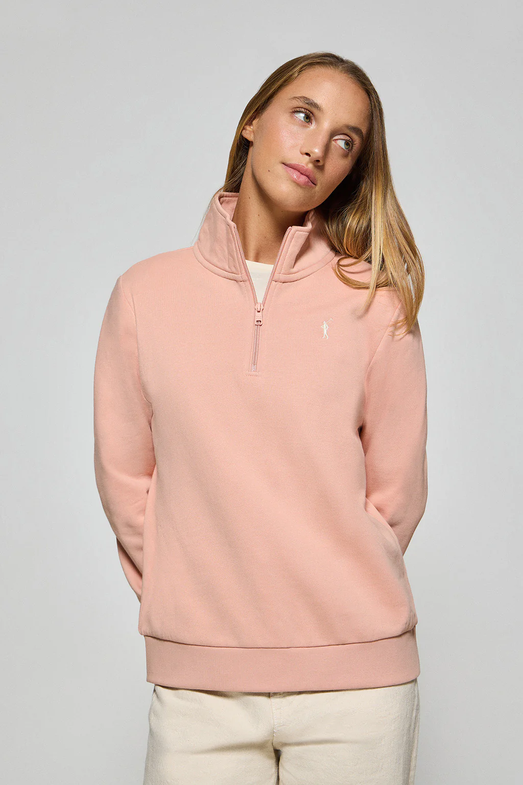 Pale-pink half-zip sweatshirt with Rigby Go logo