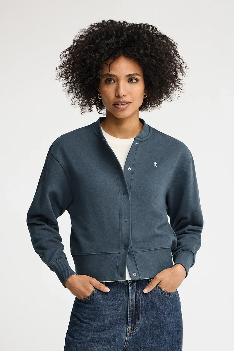 Denim-blue cardigan in sweatshirt fabric with Rigby Go embroidery