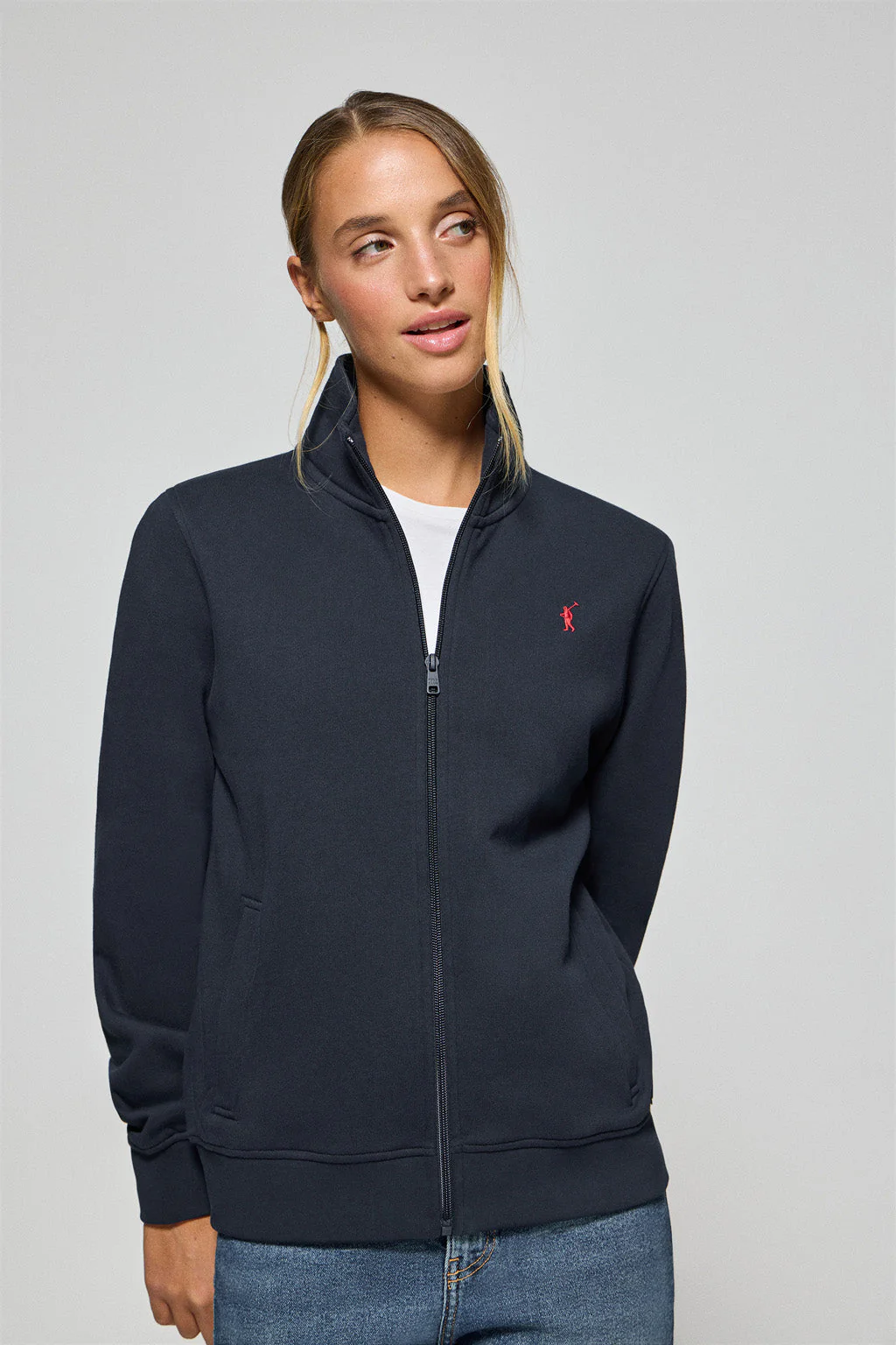 Navy-blue high-neck zip-up sweatshirt with Rigby Go logo