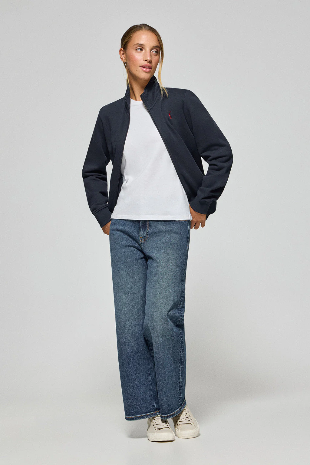 Navy-blue high-neck zip-up sweatshirt with Rigby Go logo - Image 3
