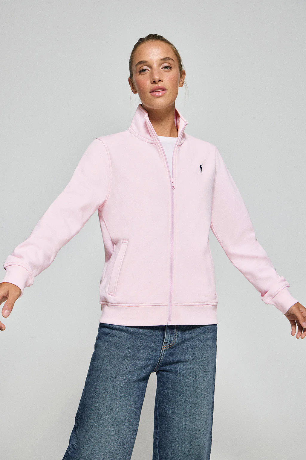 Pink high-neck zip-up sweatshirt with Rigby Go logo