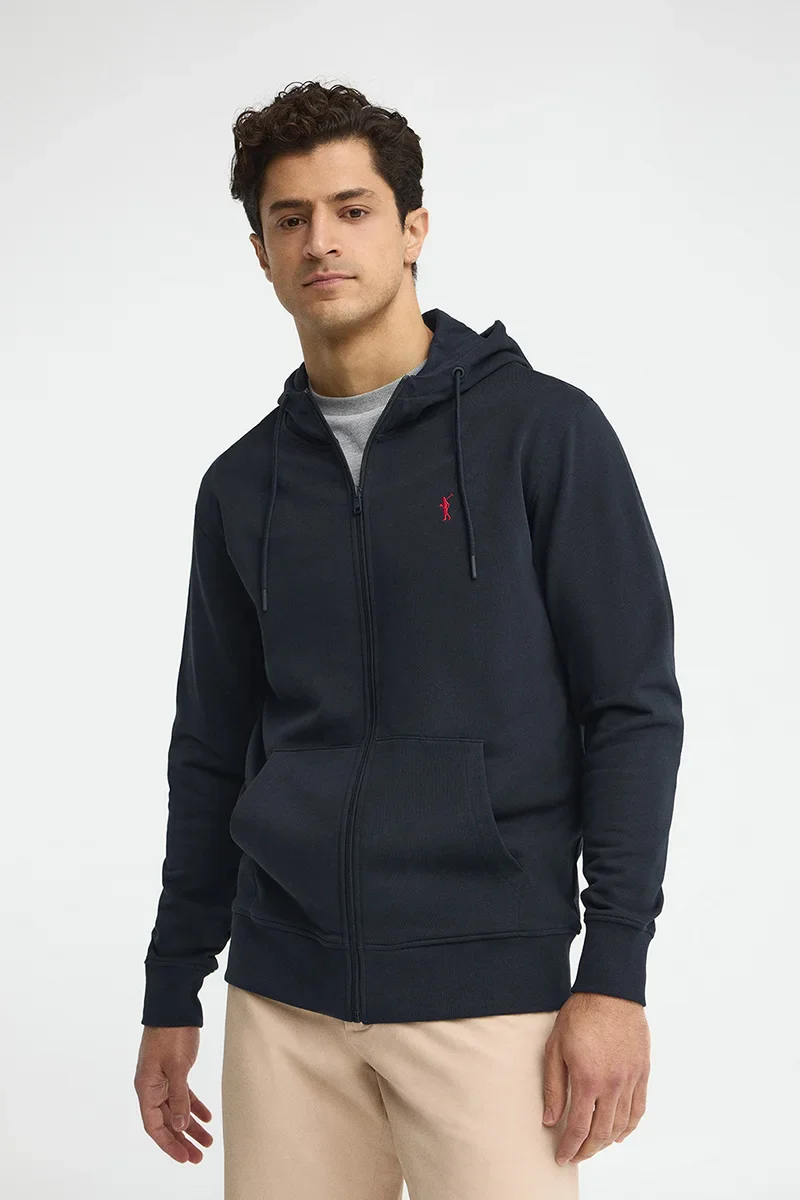 Navy-blue zipped hoodie with Rigby Go embroidered logo