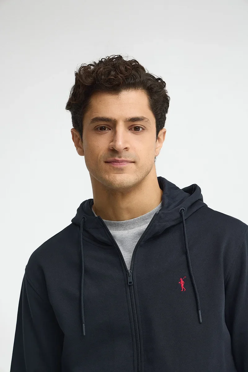 Navy-blue zipped hoodie with Rigby Go embroidered logo - Image 2