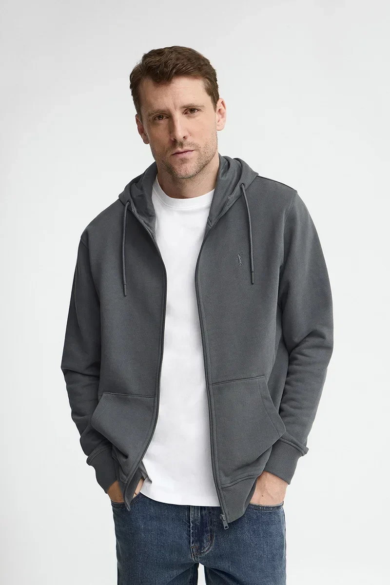 Stone-grey zipped hoodie with Rigby Go embroidered logo
