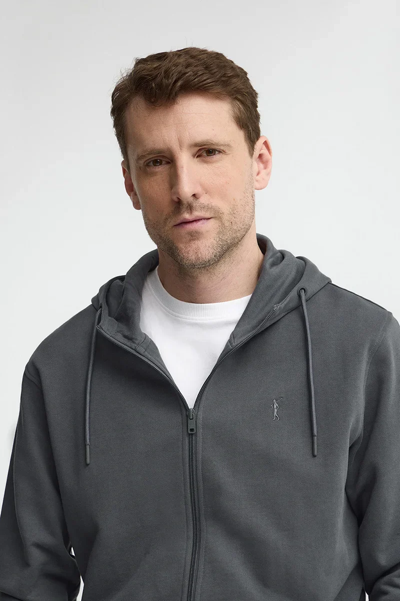 Stone-grey zipped hoodie with Rigby Go embroidered logo - Image 2
