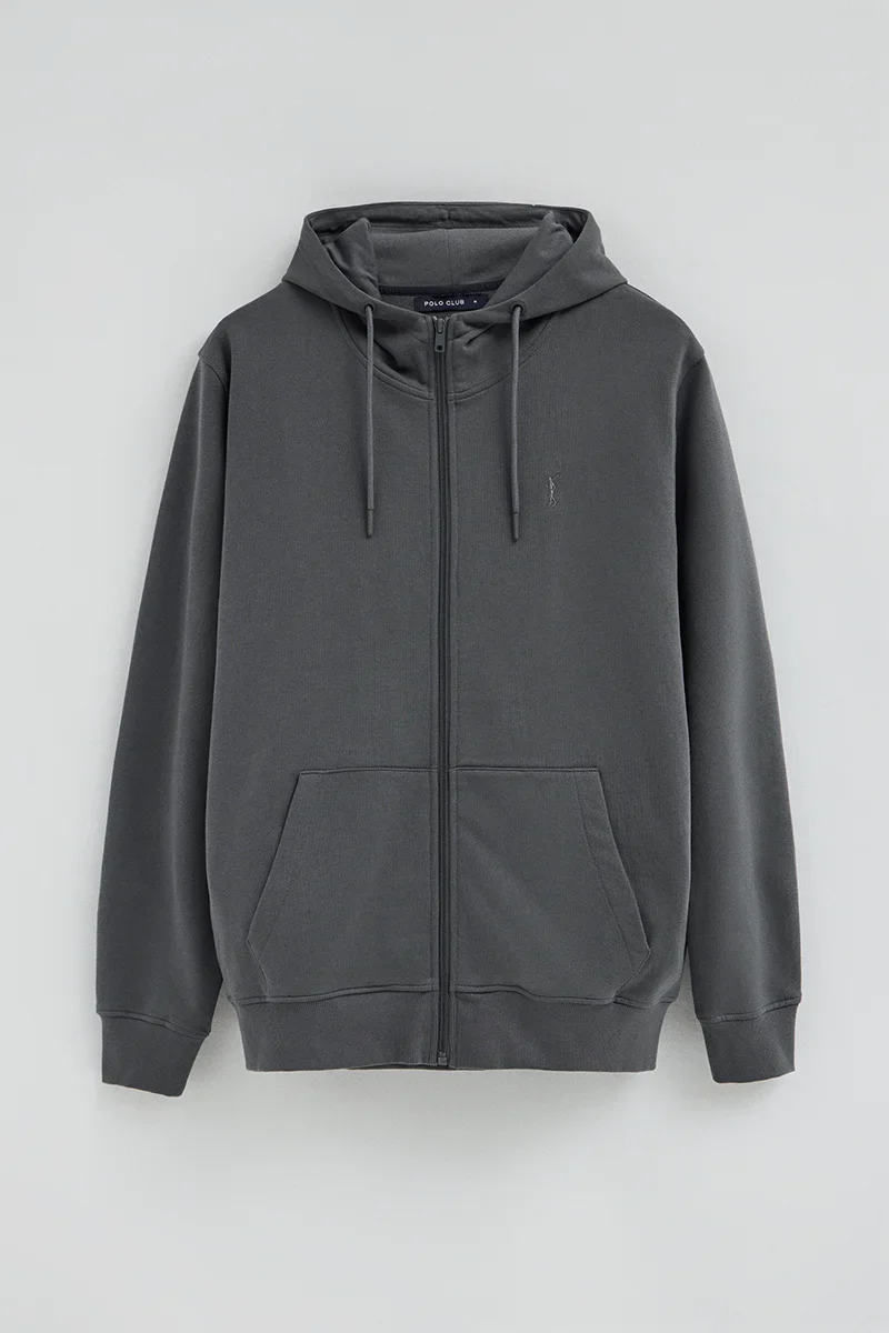 Stone-grey zipped hoodie with Rigby Go embroidered logo - Image 9