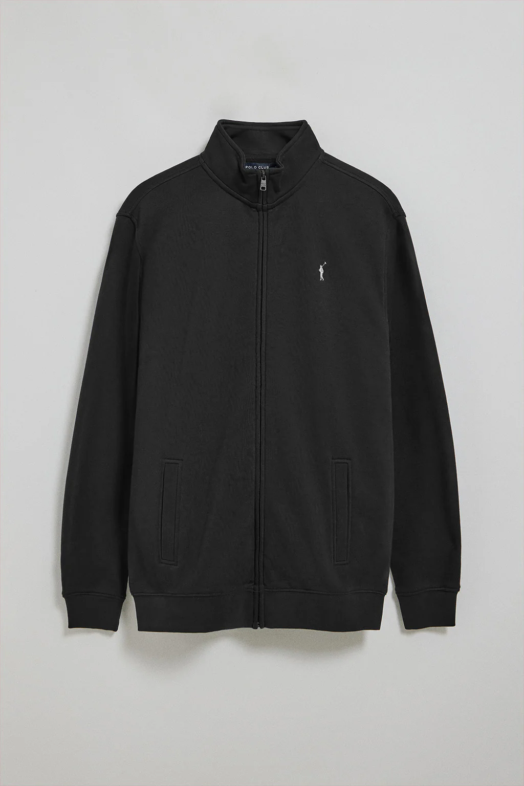 Black high-neck zip sweatshirt with Rigby Go logo