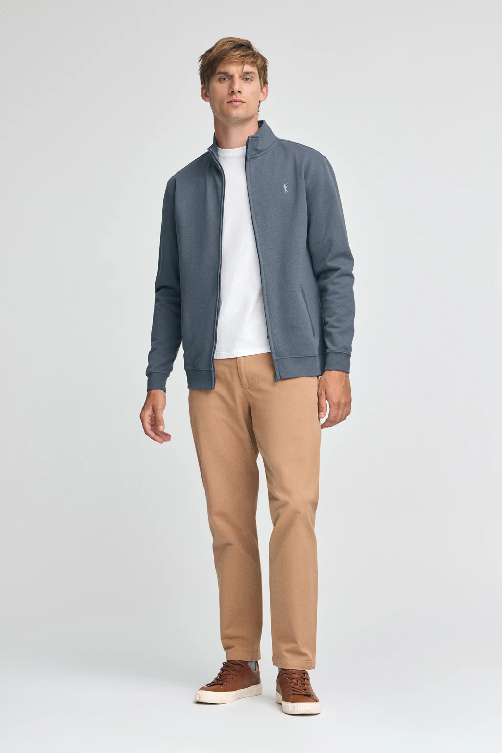 Denim-blue high-neck sweatshirt with zip and Rigby Go logo - Image 3
