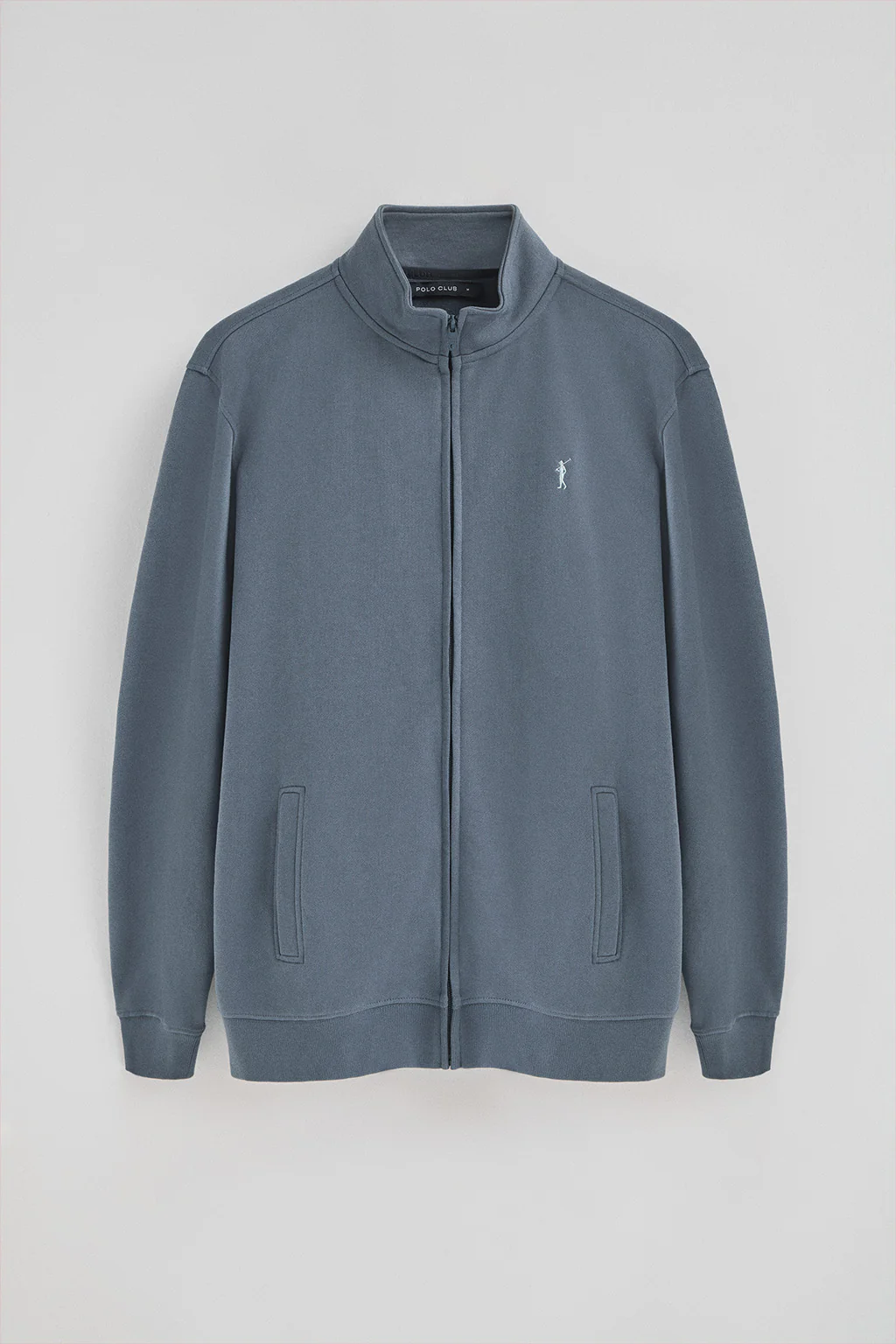 Denim-blue high-neck sweatshirt with zip and Rigby Go logo - Image 7
