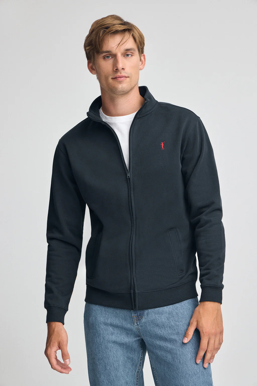 Navy-blue high-neck sweatshirt with zip and Rigby Go logo