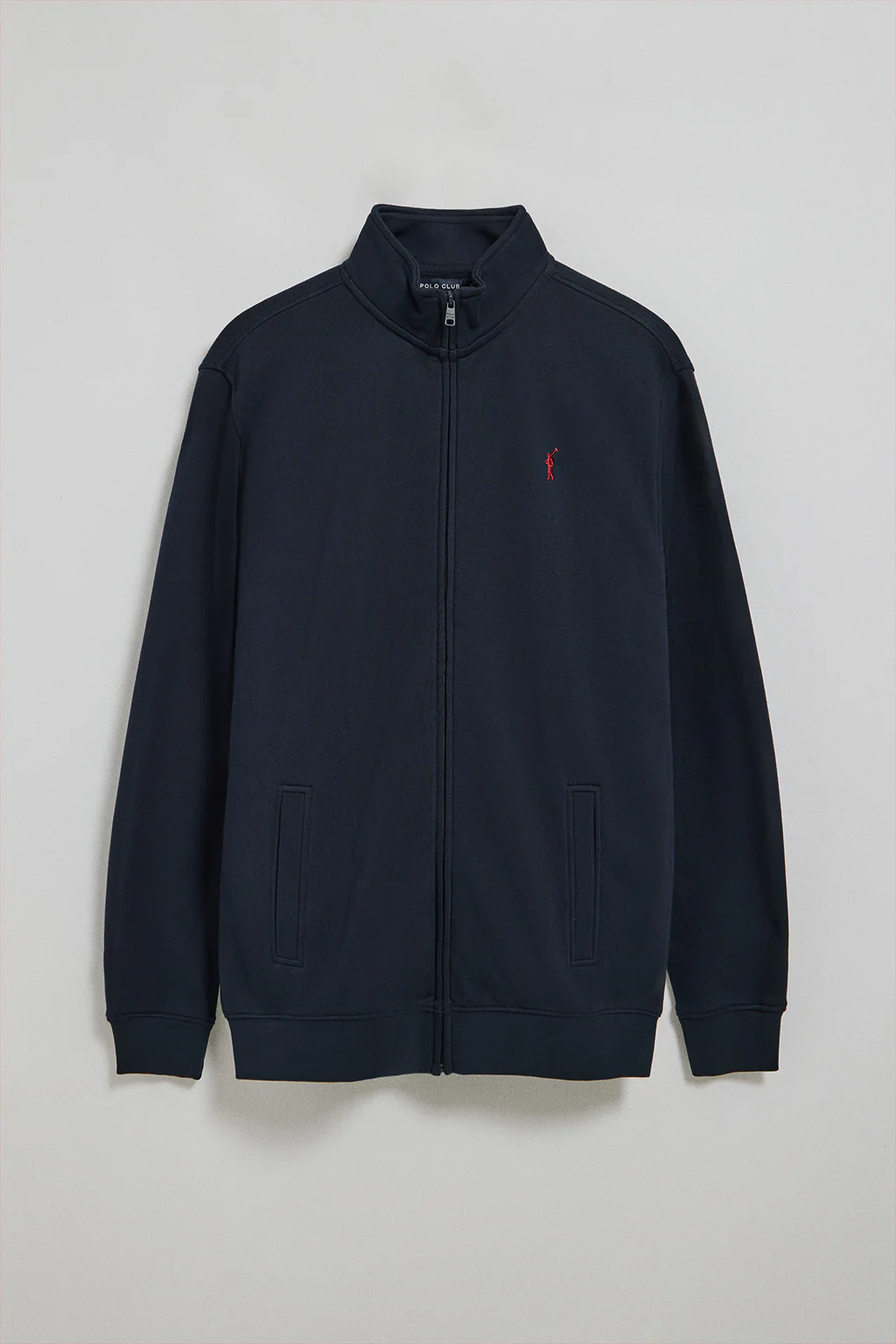Navy-blue high-neck zip sweatshirt with Rigby Go logo