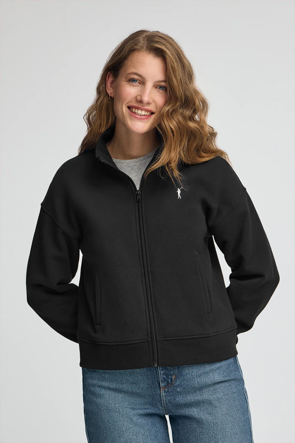 Black high-neck sweatshirt with zip and Rigby Go logo