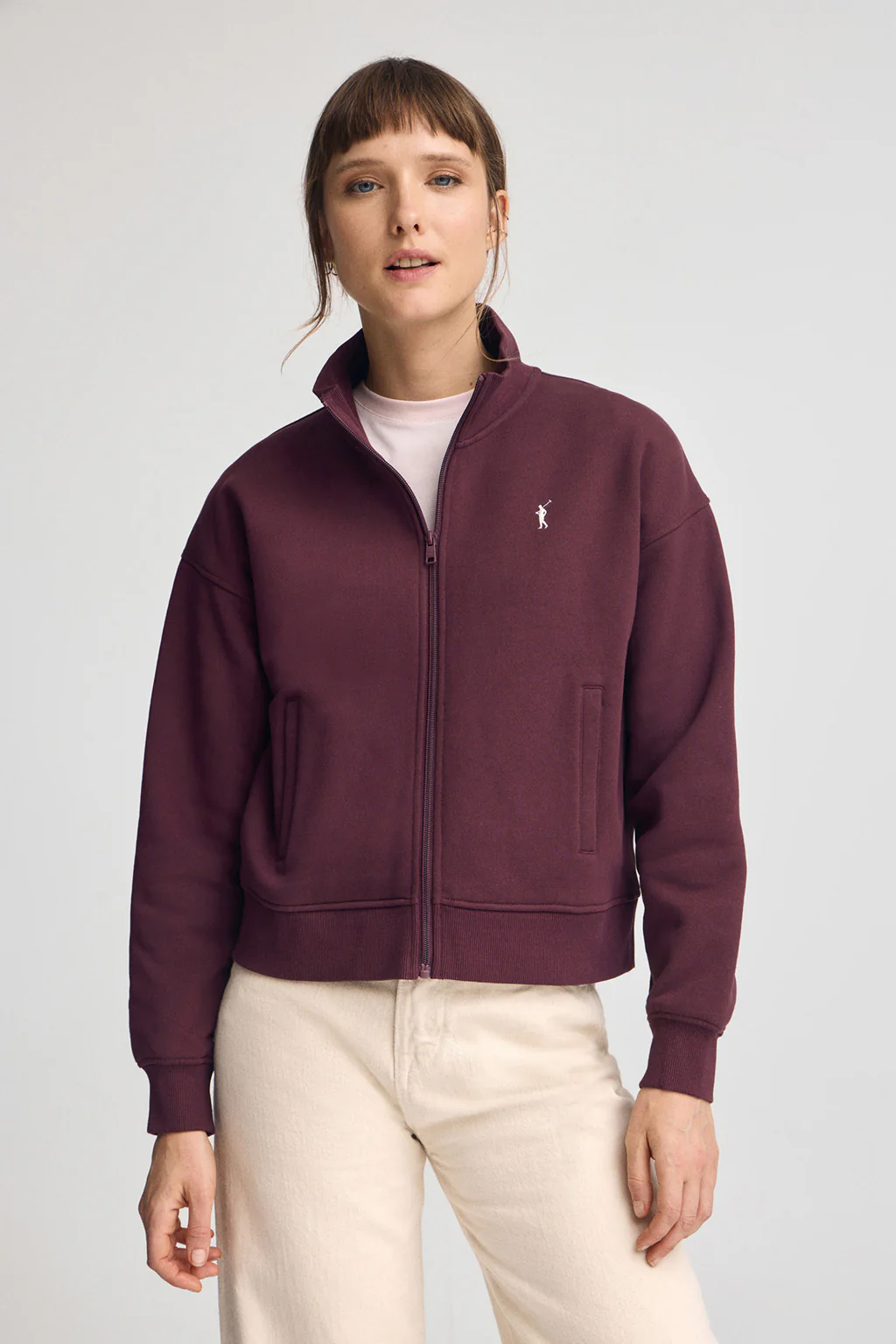 Burgundy high-neck sweatshirt with zip and Rigby Go logo