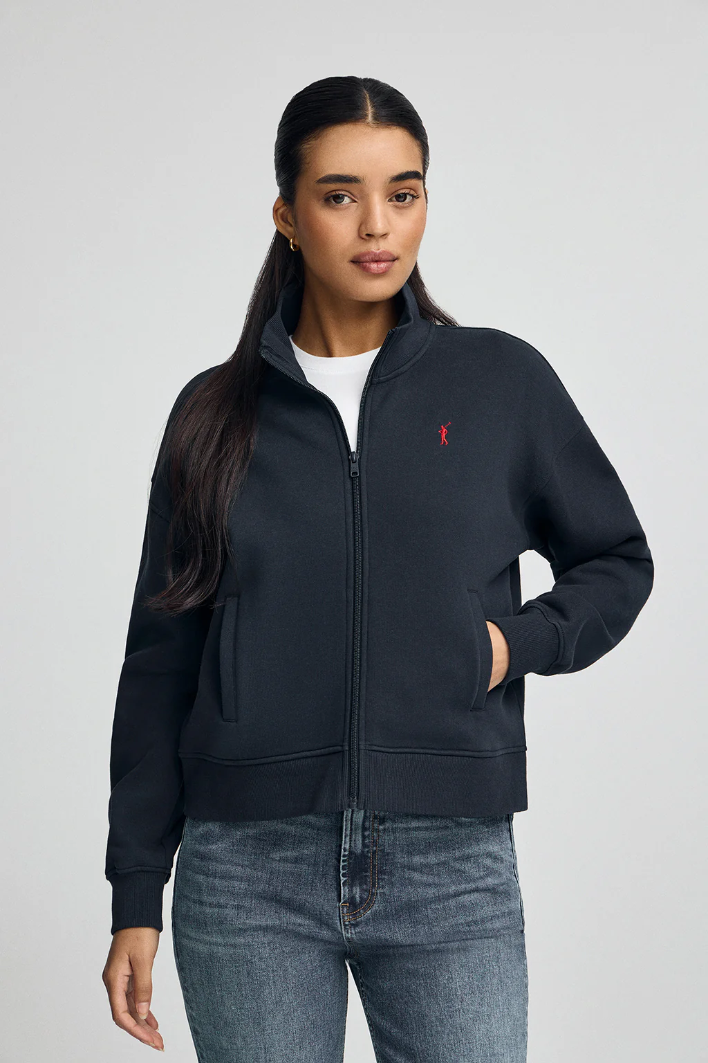 Navy-blue high-neck sweatshirt with zip and Rigby Go logo