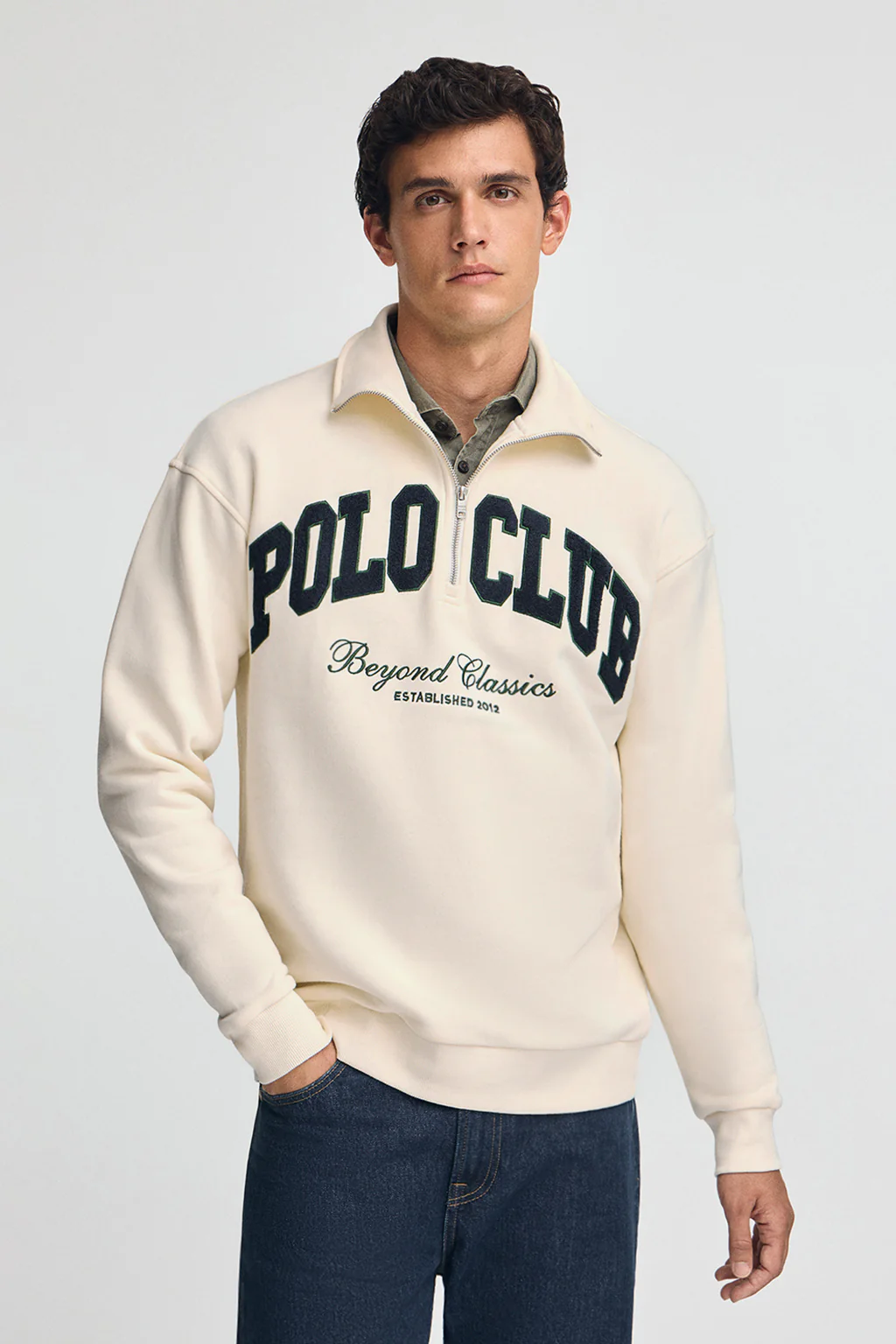 Nude half-zip sweatshirt with Established 2012 Polo Club logo