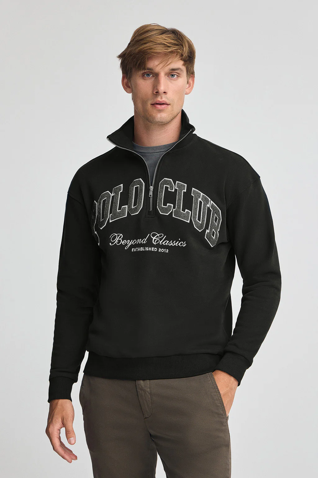 Black half-zip sweatshirt with Established 2012 Polo Club logo