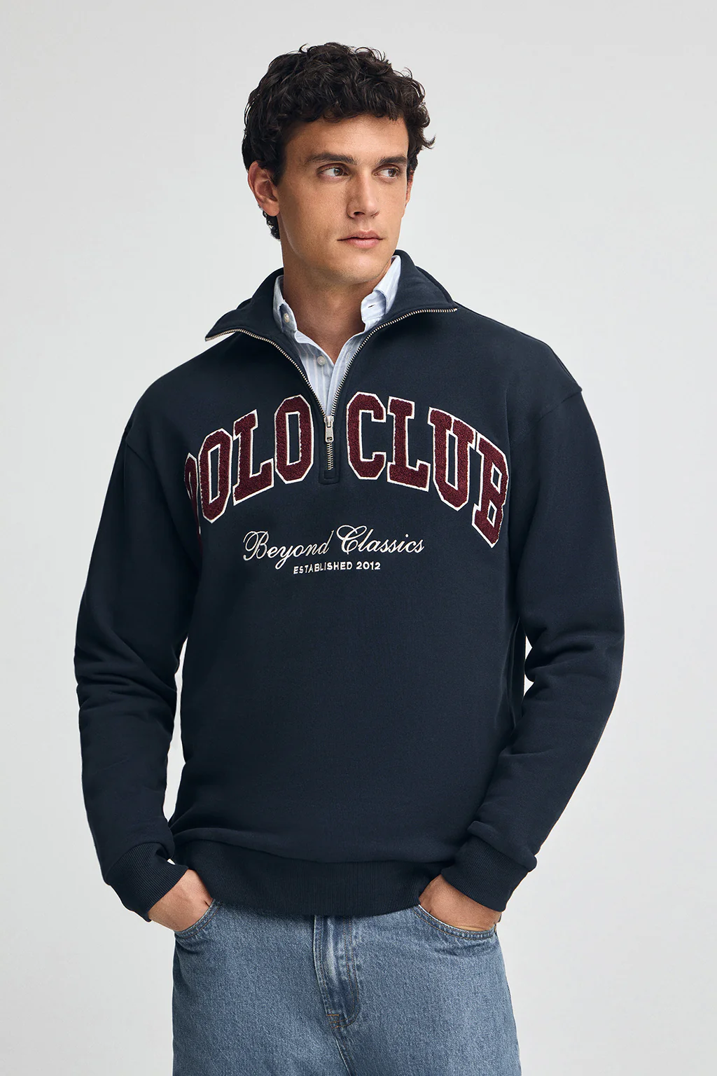 Navy-blue half-zip sweatshirt with Established 2012 Polo Club logo
