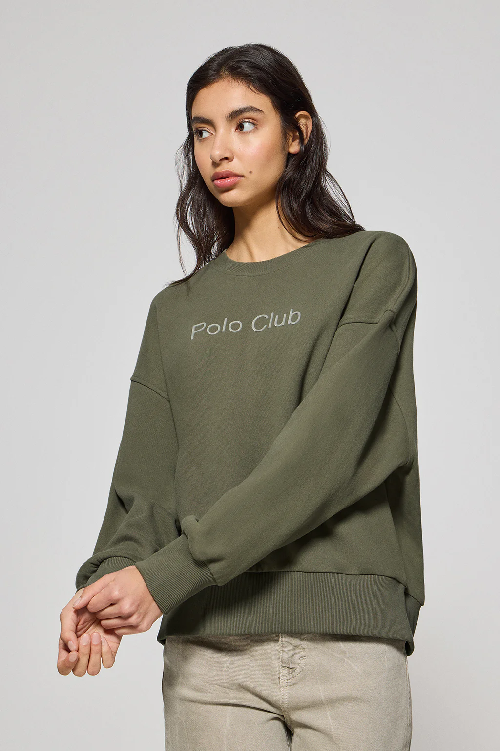 Green round-neck basic sweatshirt with front Polo Club rubber logo