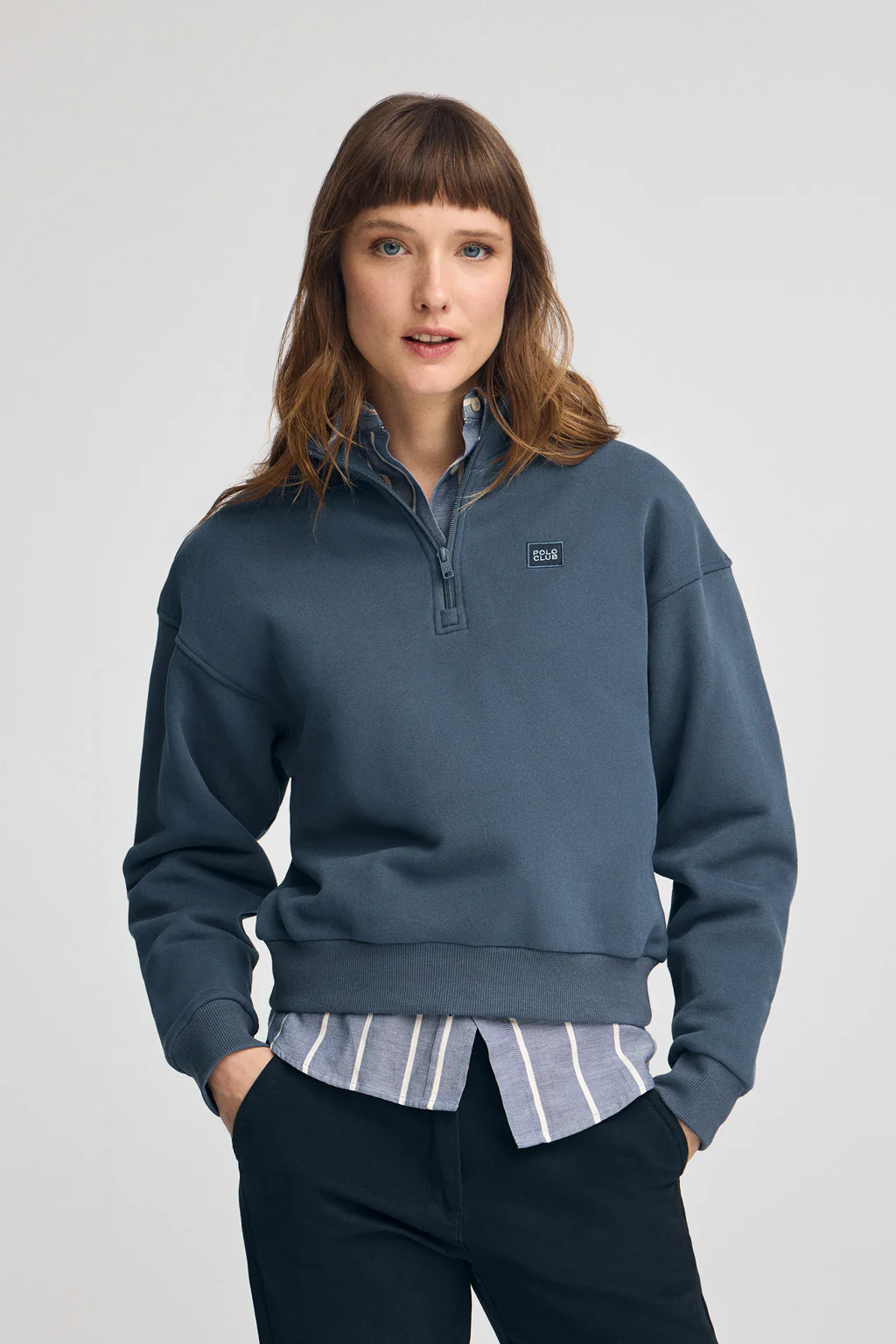 Denim-blue half-zip sweatshirt with high neck and Polo Club logo