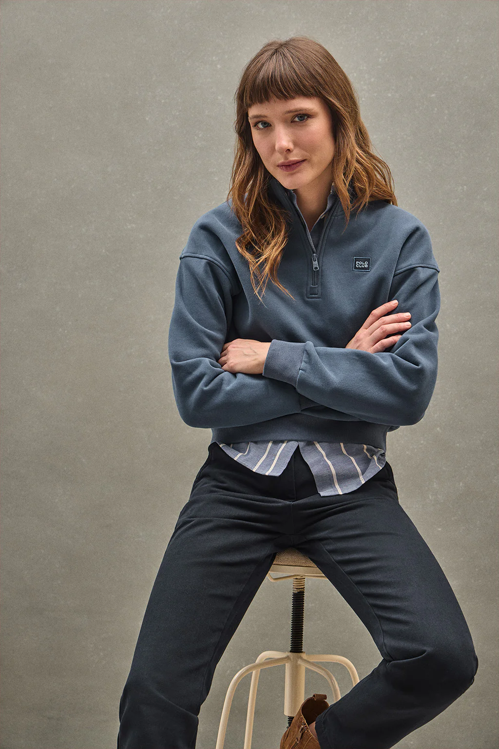 Denim-blue half-zip sweatshirt with high neck and Polo Club logo - Image 4