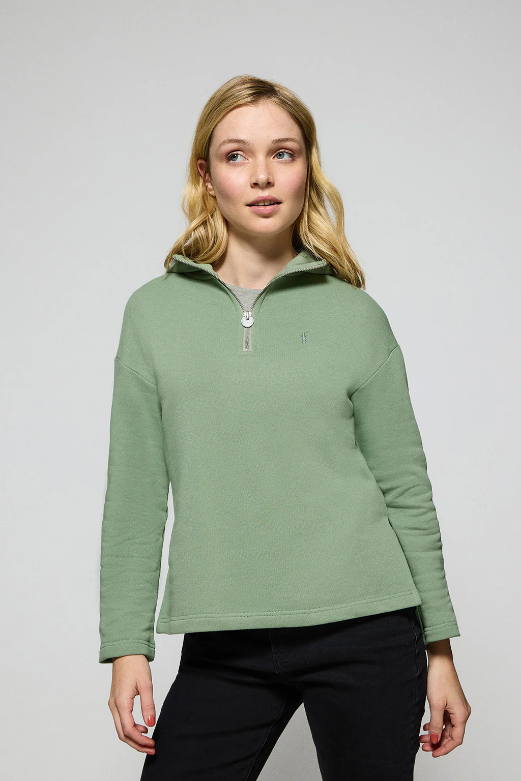 Jade-green zipped hoodie Sinsajo with Rigby Go logo