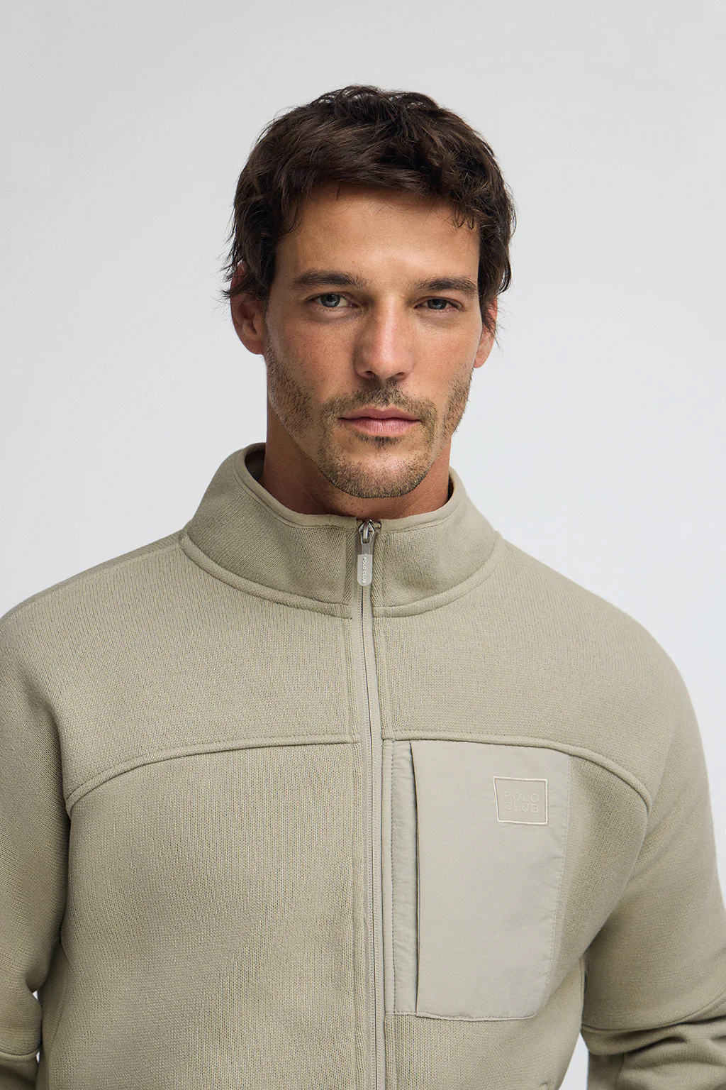 Stone-grey fleece sweatshirt with zip and Polo Club logo