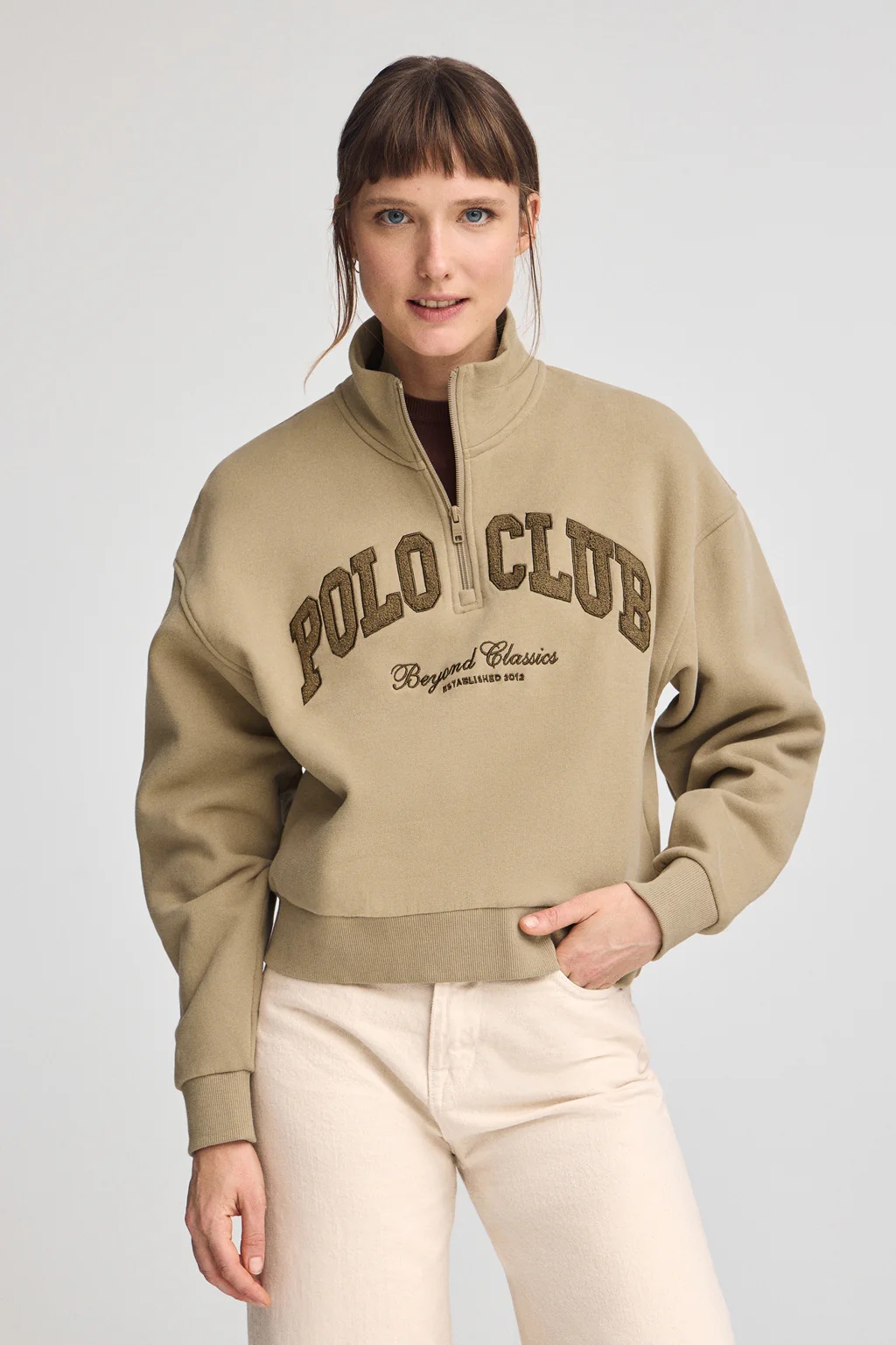 Light-brown sweatshirt with high neck and Established 2012 Polo Club logo