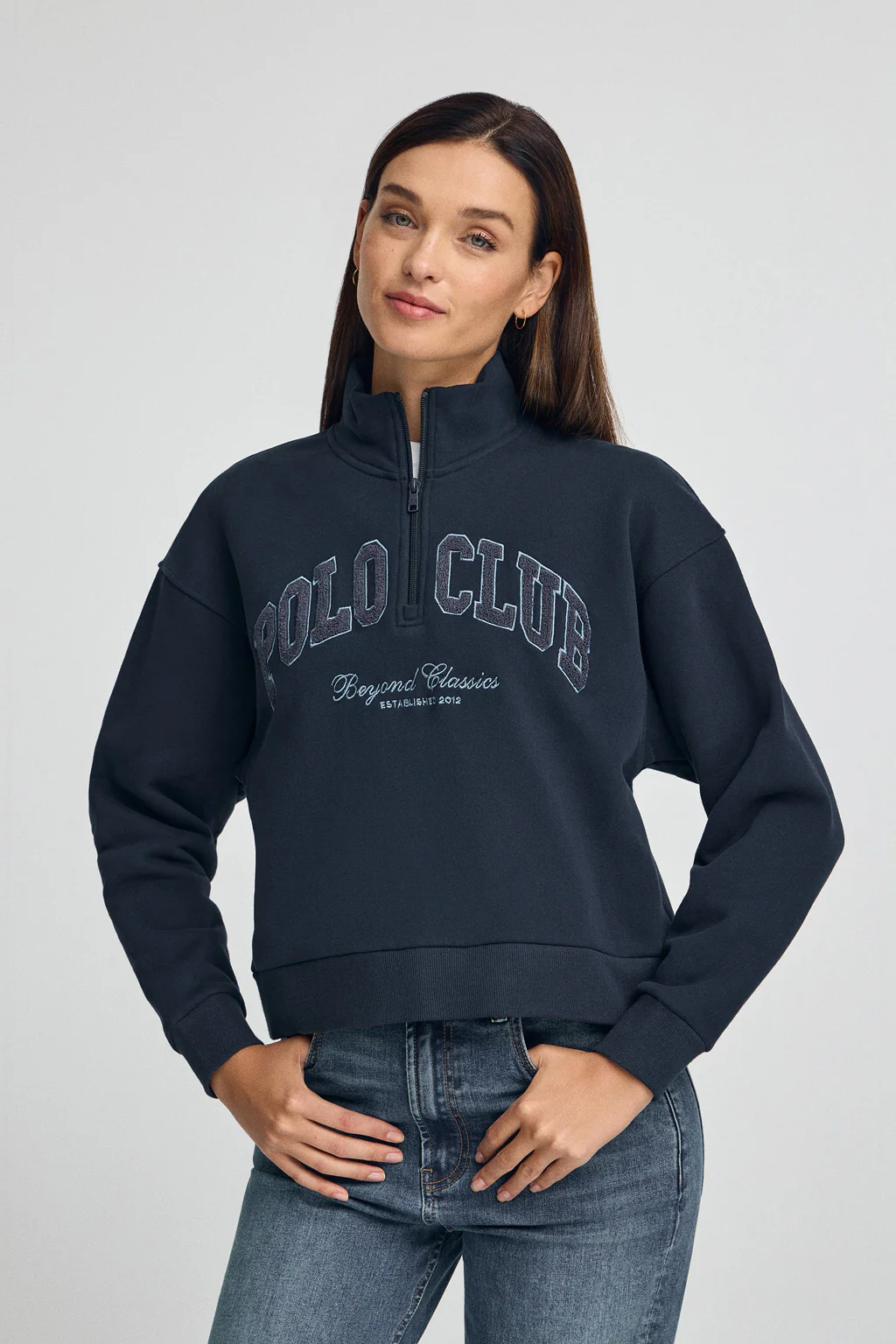 Navy-blue sweatshirt with high neck and Established 2012 Polo Club logo