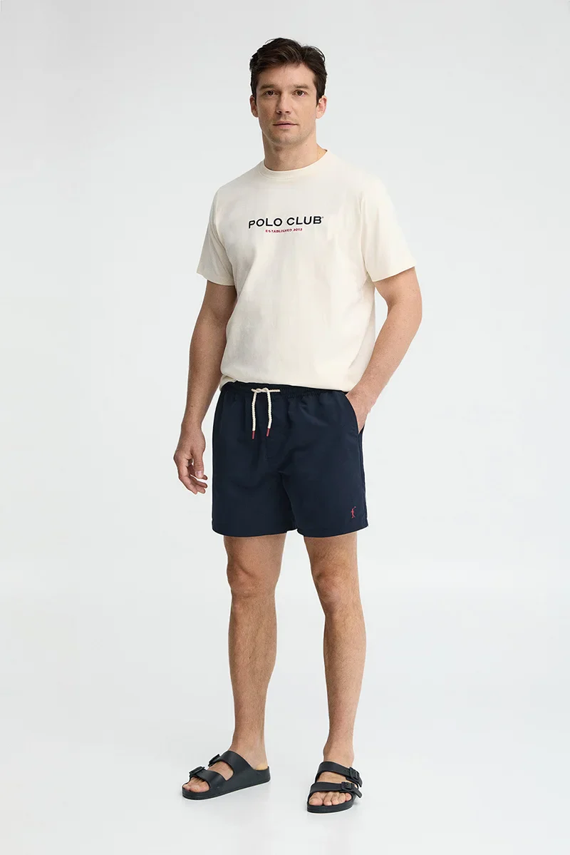 Navy-blue short swim shorts with Rigby Go logo