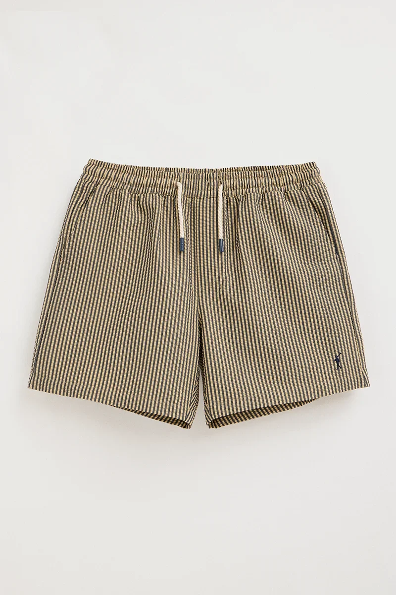 Short swim shorts in navy blue and beige with crinkled texture and Rigby Go logo - Image 6