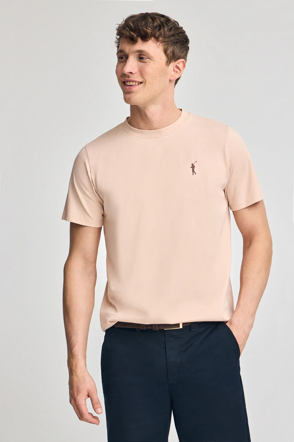 Blush-pink round-neck T-shirt with Rigby Go rubber embroidery
