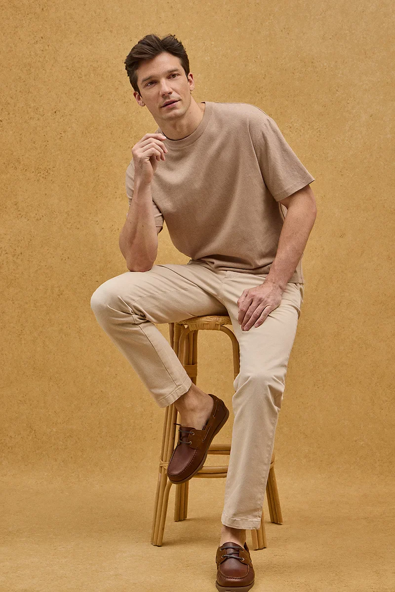 Light-brown short-sleeve cotton-linen T-shirt with Polo Club logo