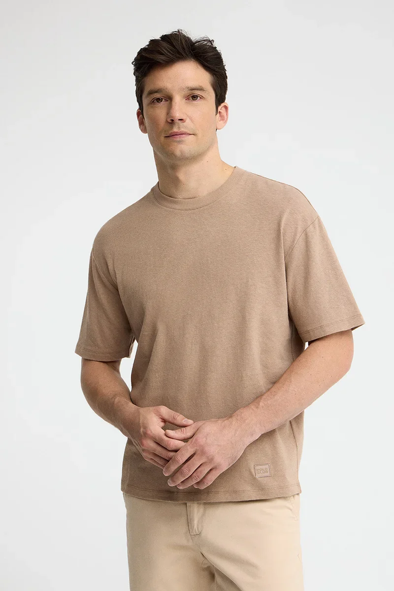 Light-brown short-sleeve cotton-linen T-shirt with Polo Club logo - Image 2